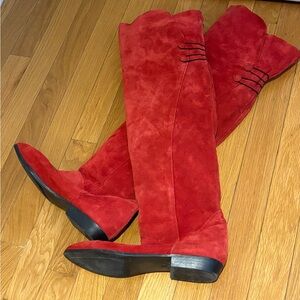 Red Suede Over the Knee Boots with Button Detail